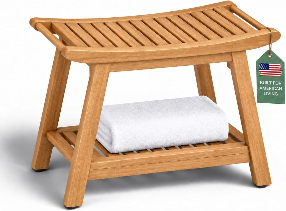 Wood Shower Bench for Inside Shower, 24" Stool Chair with Shelf