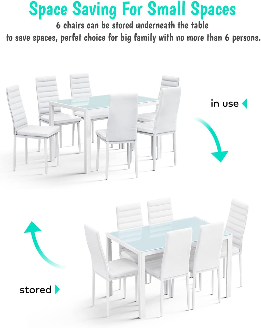 Gizoon White 7 Piece Glass Dining Table Set, Kitchen Table and Chairs Set