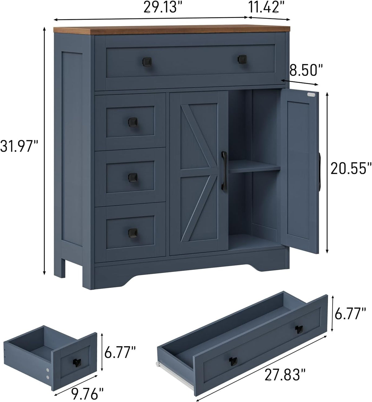 Vabches Farmhouse Storage Cabinet with 2 Doors and 4 Drawers, Blue