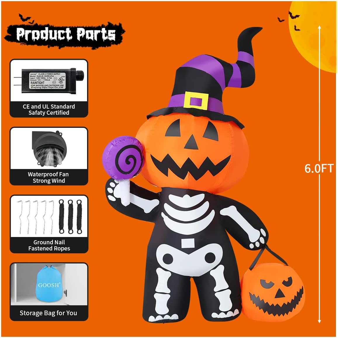 GOOSH 6 FT Halloween Inflatable Pumpkin Skull Body Outdoor Decorations Blow Up Yard Pumpkin with Built-in LEDs for Garden Lawn Party Decor