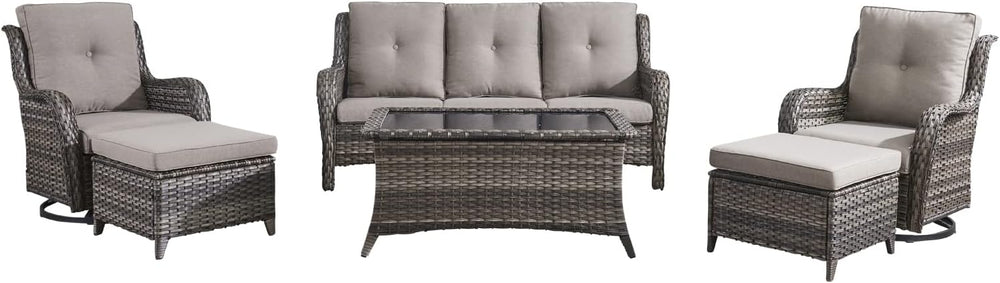 HUMMUH 6 Piece Wicker Patio Conversation Set, Swivel Rockers & Sofa