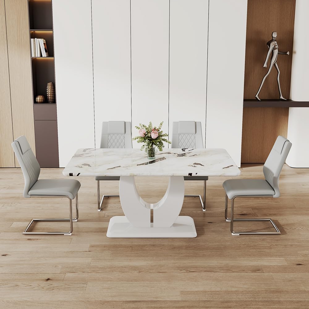 JUFU Modern Dining Set Table and 4 Chairs,White Faux Marble Dining Table Set for 4,Dining Room Table Set and 4 PU Leather Upholstered Dining Chairs,63'' Large Dinner Table Set