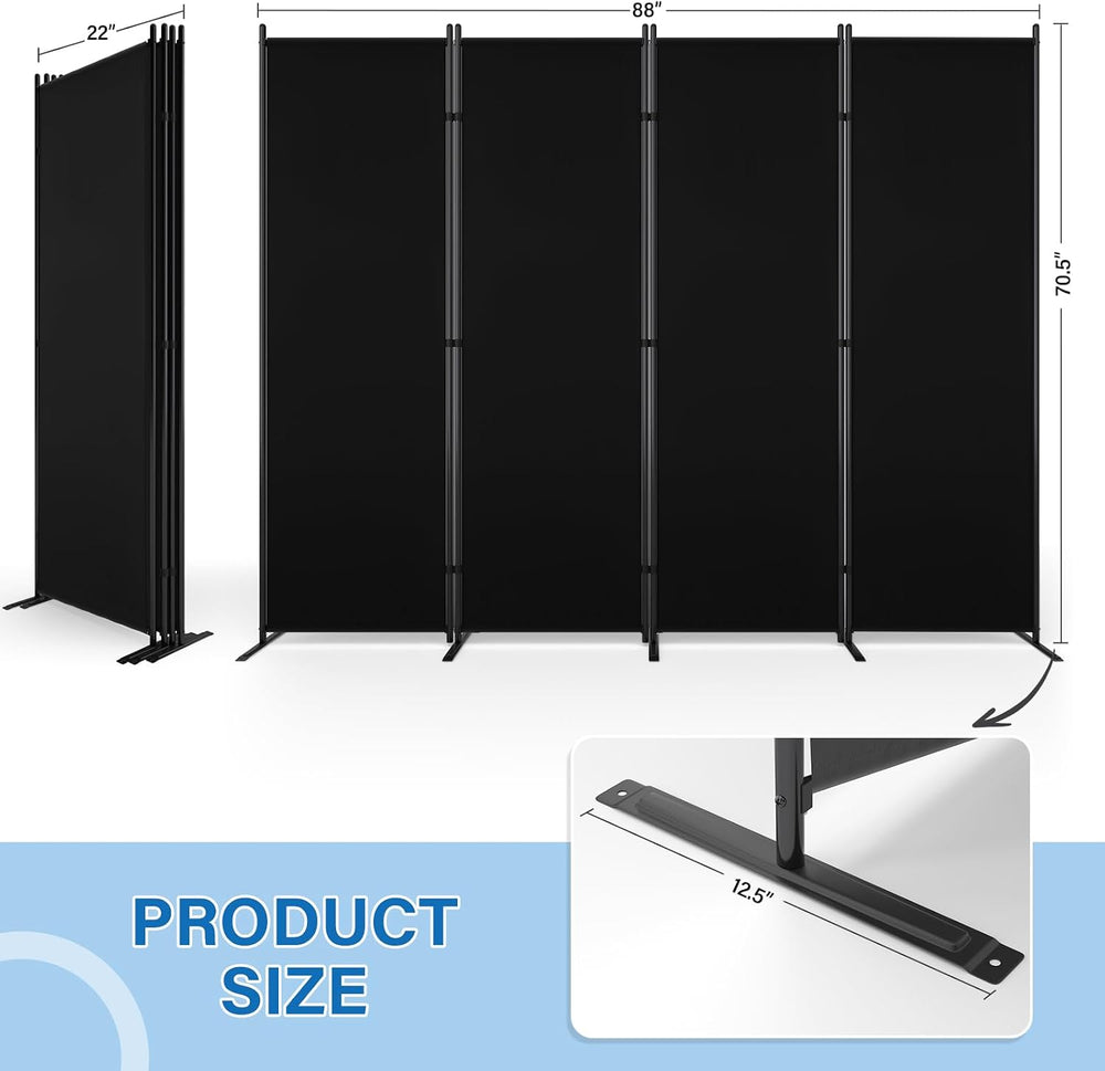 AKTOP 4 Panel Room Divider, 88"W x 6FT Fabric Folding Privacy Screen, Black