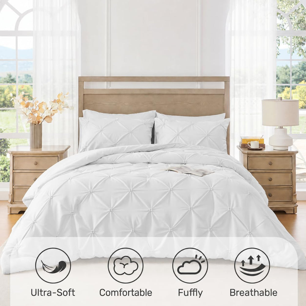 UNIKOME King Size Comforter Set White - Ultra Soft Boho Pintuck Down Alternat...