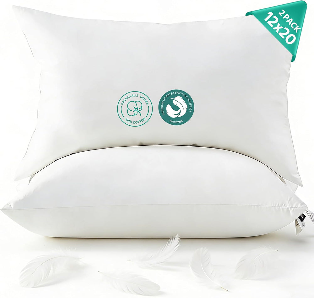 APSMILE Goose Feather Down Lumbar Throw Pillow Inserts 12x20 Inch, Set of 2