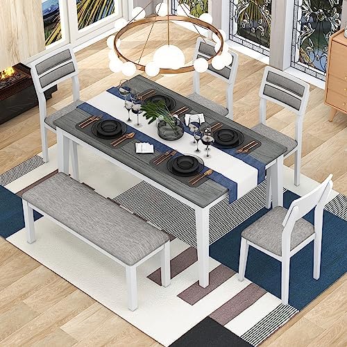 Harper & Bright Designs Kitchen Dining Table Set for 6, Classic and Traditional Style 6 Piece Kitchen Dining Table Set, 4 Upholstered Chairs & Bench (White+Gray)