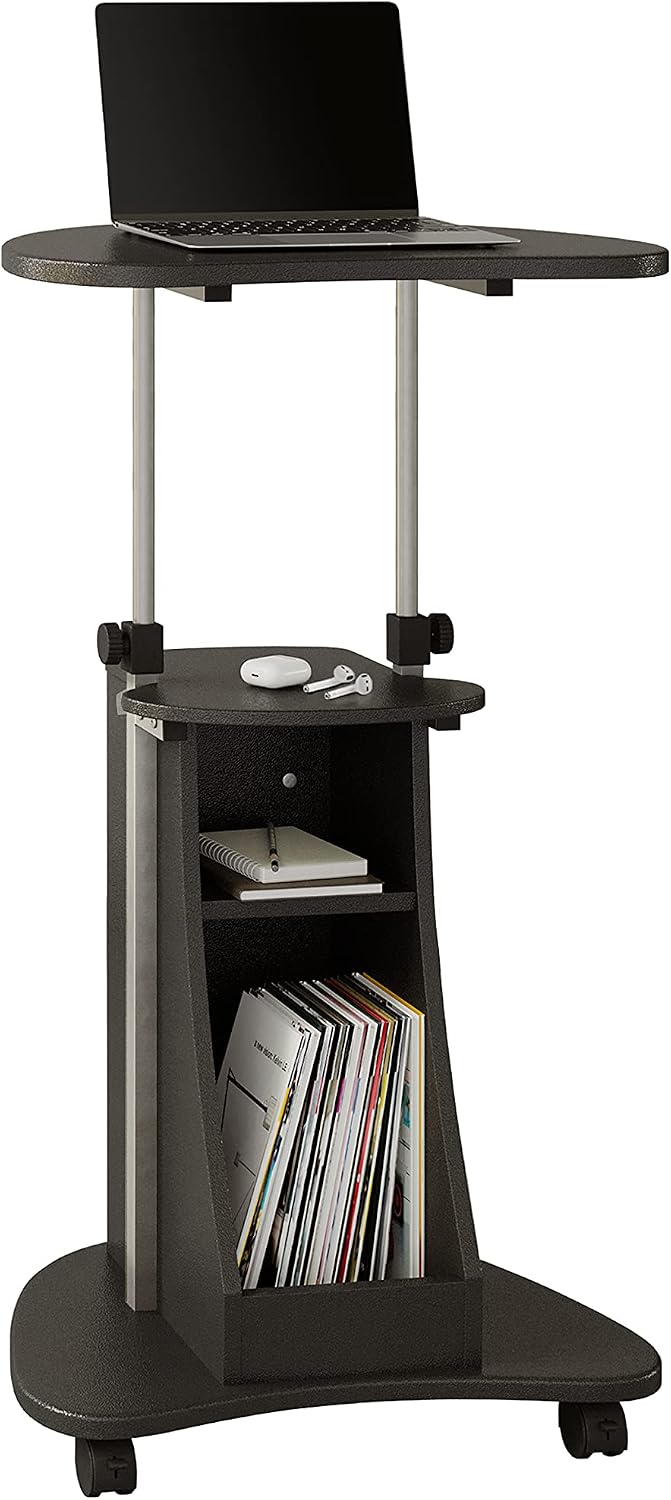 Techni Mobili Adjustable Height Rolling Laptop Cart with Storage, Graphite
