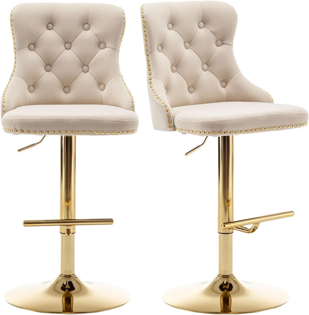 Riknuxi Velvet Bar Stools Set of 2, Counter Height Bar Stools with Button &am...