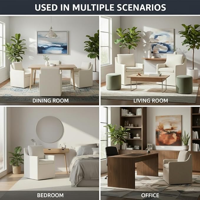 Upholstered Dining Chairs Set of 1, Modern Dining Room Chairs with Casters & Washable Cover, Rolling Accent Chair with Hidden Storage for Kitchen, Farmhouse, Living Room, Linen Fabric, 1 Box