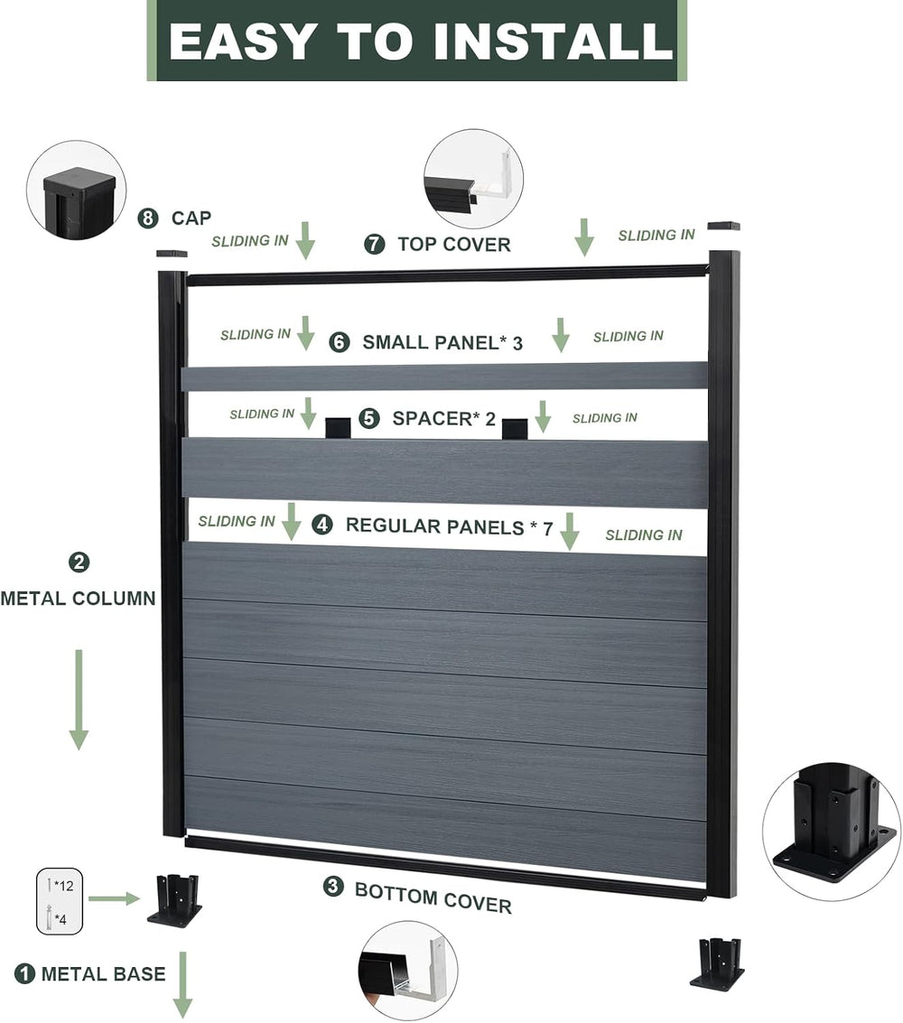 Mondaria Semi-Closed Privacy Fence Panels with 1 Post for Outside, 6ft(W) x 6...