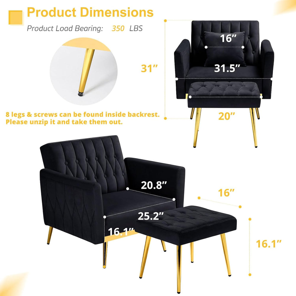 3 Pieces Velvet Sofa Set w/Adjustable Armrest &Backrest,Black
