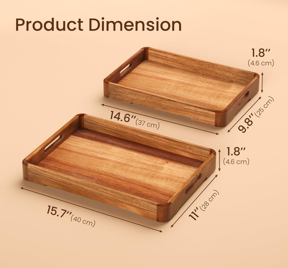 Acacia Wood Set of 2 Rounded Corners Serving Trays with Handles