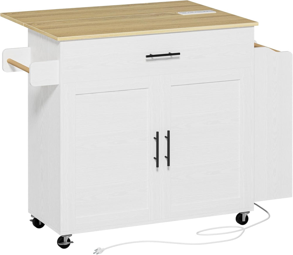 IRONCK Kitchen Island with Storage, Charging Station and Drop Leaf, White