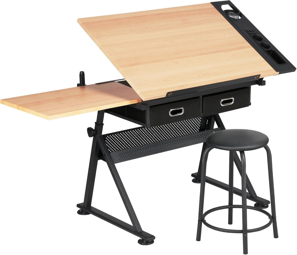 adjustable drawing table with 2 drawers & stool shown in use
