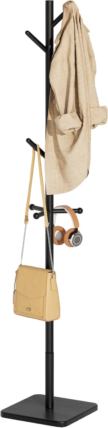 Nianerfaya Solid Wood Coat Rack, Free Standing Hall Coat Tree, Black