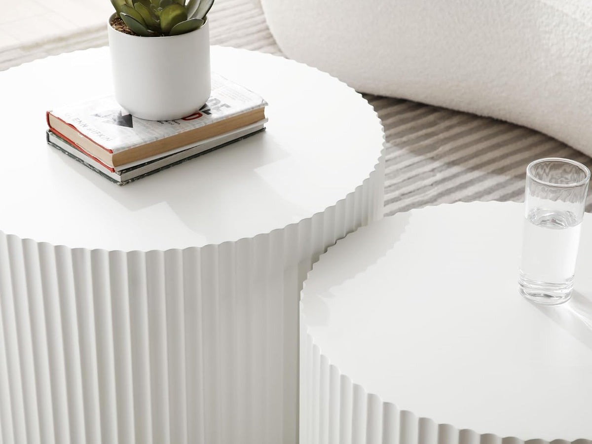 Nesting Coffee Table Set of 2 Round Coffee Tables Cocktail Table End Table Drum Coffee Table for Living Room Matte White