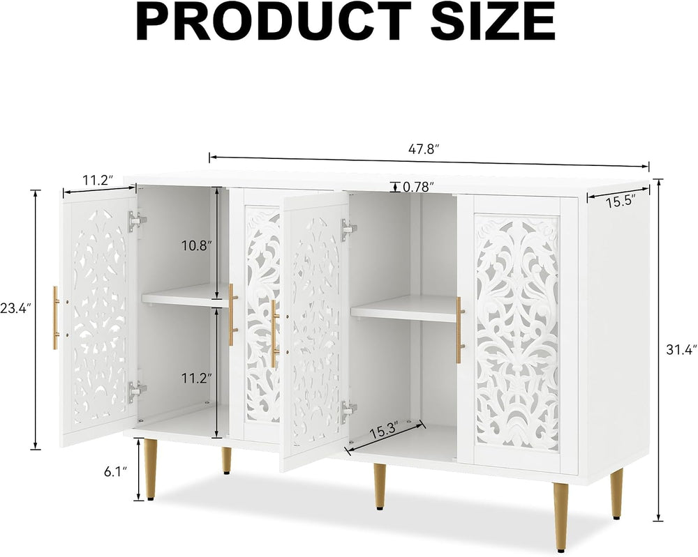 ARTPOWER 47.8" Vintage Accent Cabinet with 4 Hollow Carving Doors, White