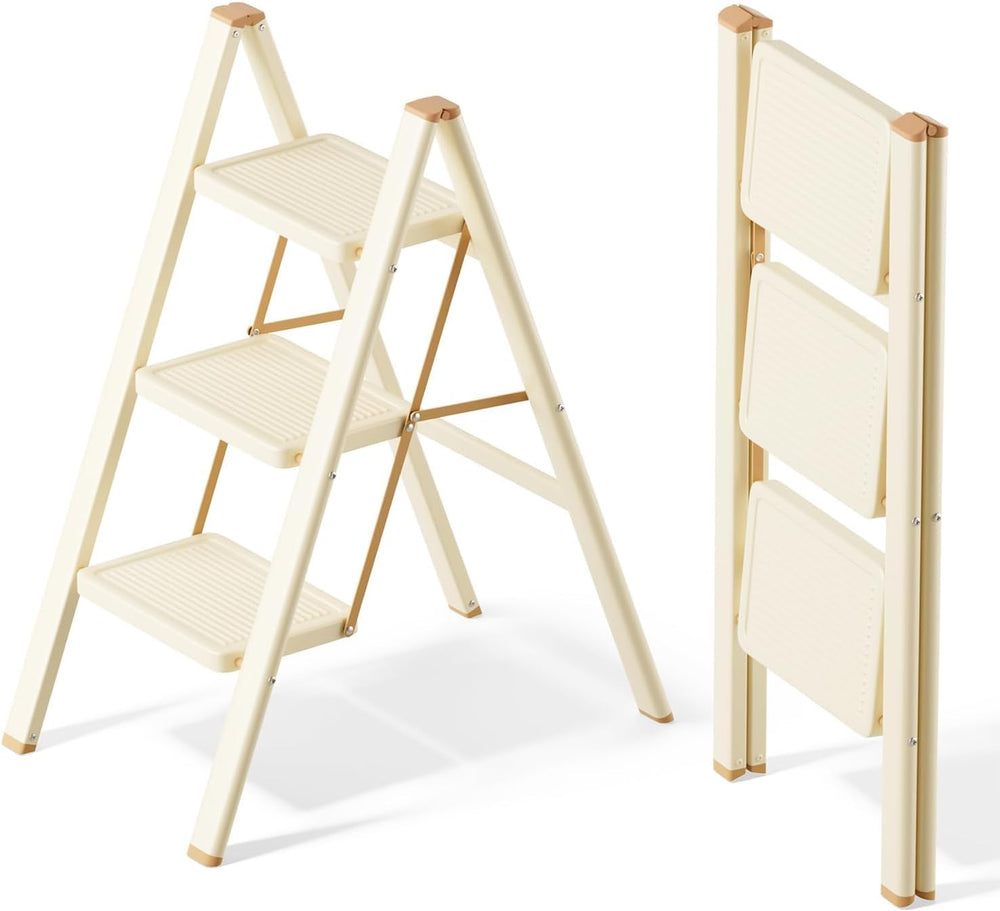 SOLADDER 3 Step Ladder, Folding Step Stool, Cream Chocolate