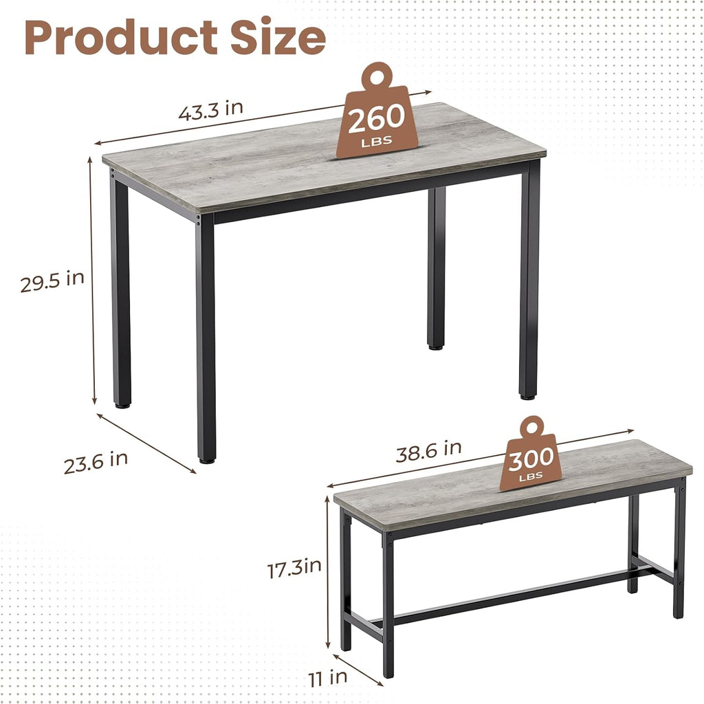 Dining Table Set for 4, Kitchen Table with 2 Benchs, Grey | Modern Functional 3 Piece Space-Saving Dining Room Table Set for Apartment, Breakfast Nook, Small Space