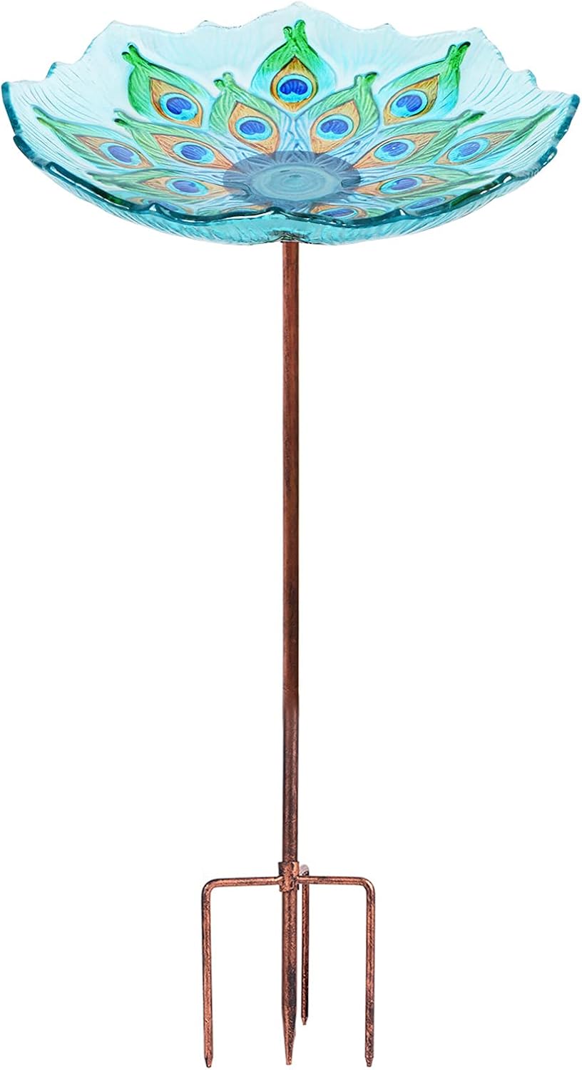 MUMTOP Glass Bird Bath, Garden Outdoor Birdfeeder with Metal Stake, Peacock