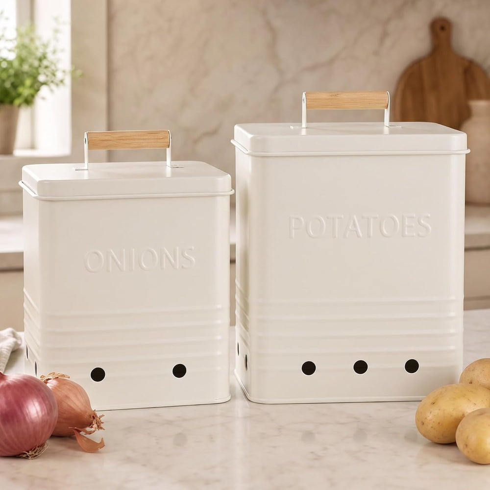 Beautiful Potato and Onion Storage Container Set - Food Safe Metal Bins