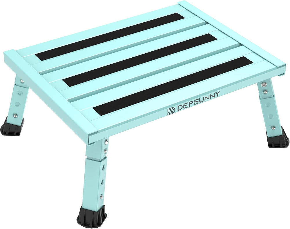 Adjustable RV Step Stool, Wide Platform, Foldable Legs, Green
