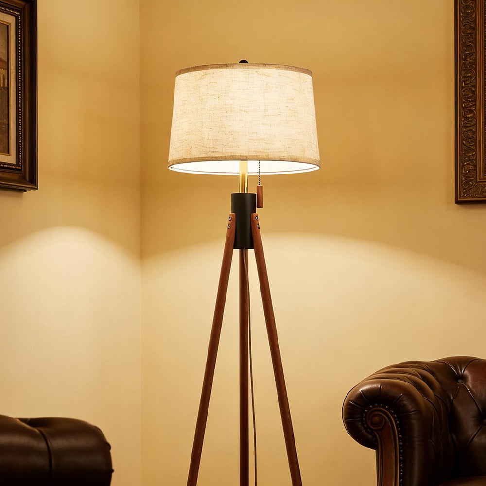 MOFFE Mid Century Tripod Floor Lamp with Pull Chain,Black & Gold Finish
