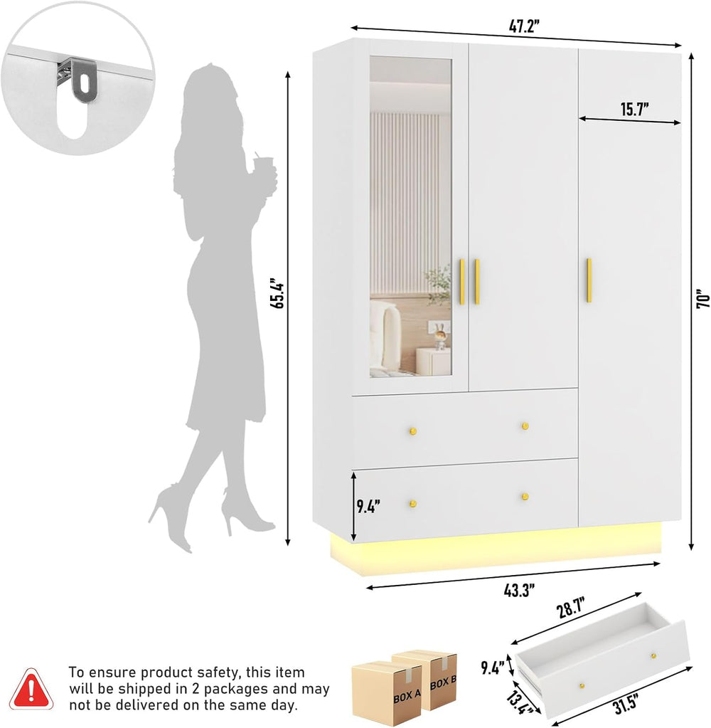 jiteentarou 3 Door Wardrobe Closet with Mirror & LED Lights, Bedroom Armo...