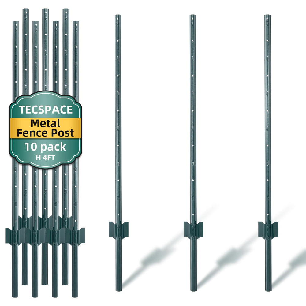 TECSPACE Metal Fence Post, 4 ft Heavy Duty U-Post with Anchor Plate and Adjus...