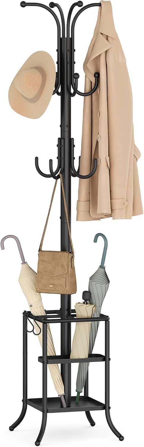 SONGMICS Metal Coat Rack Freestanding, with Umbrella Holderl, 12 Hooks
