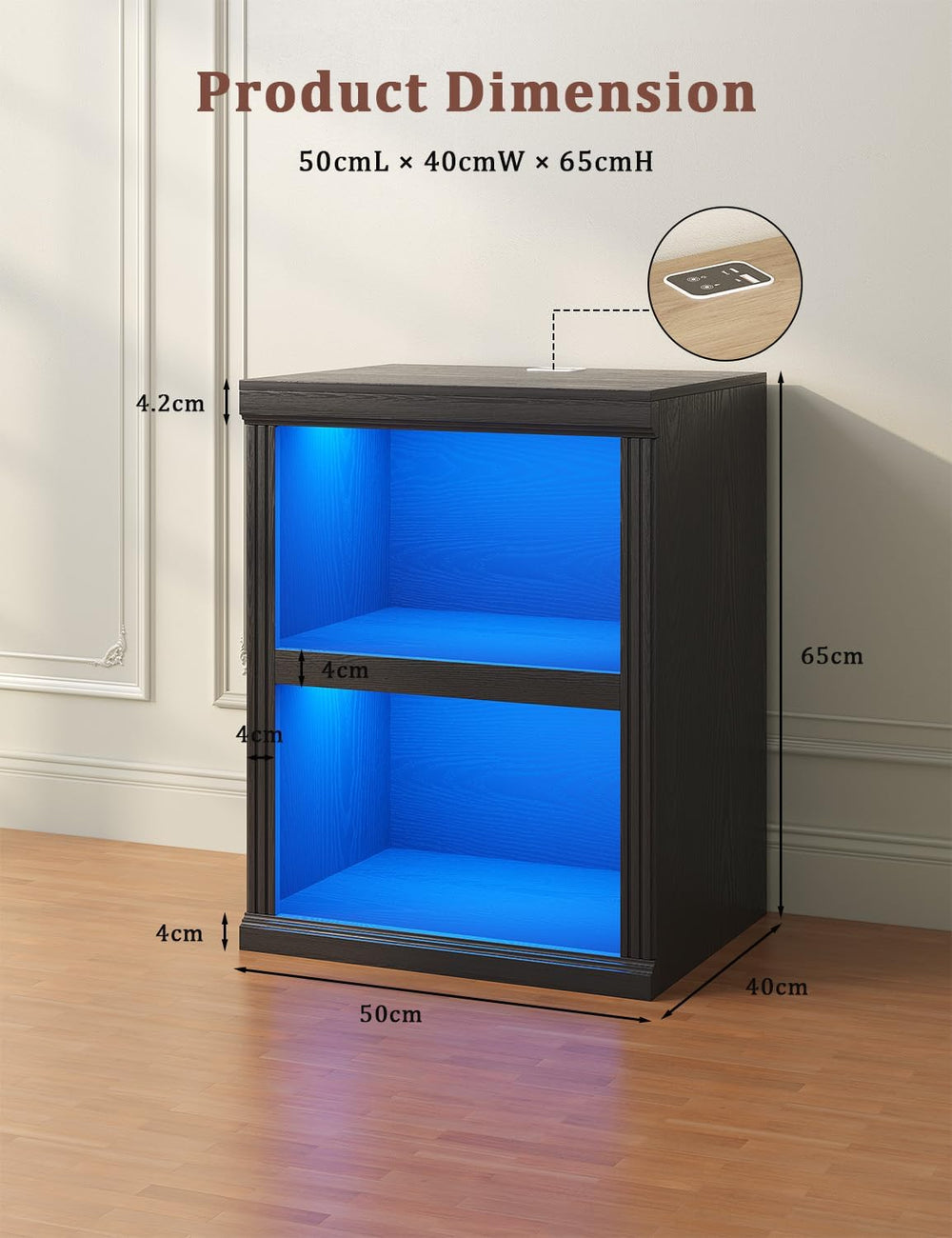 LED Nightstand with Charging Station, 2-Tier Bookcase, Black