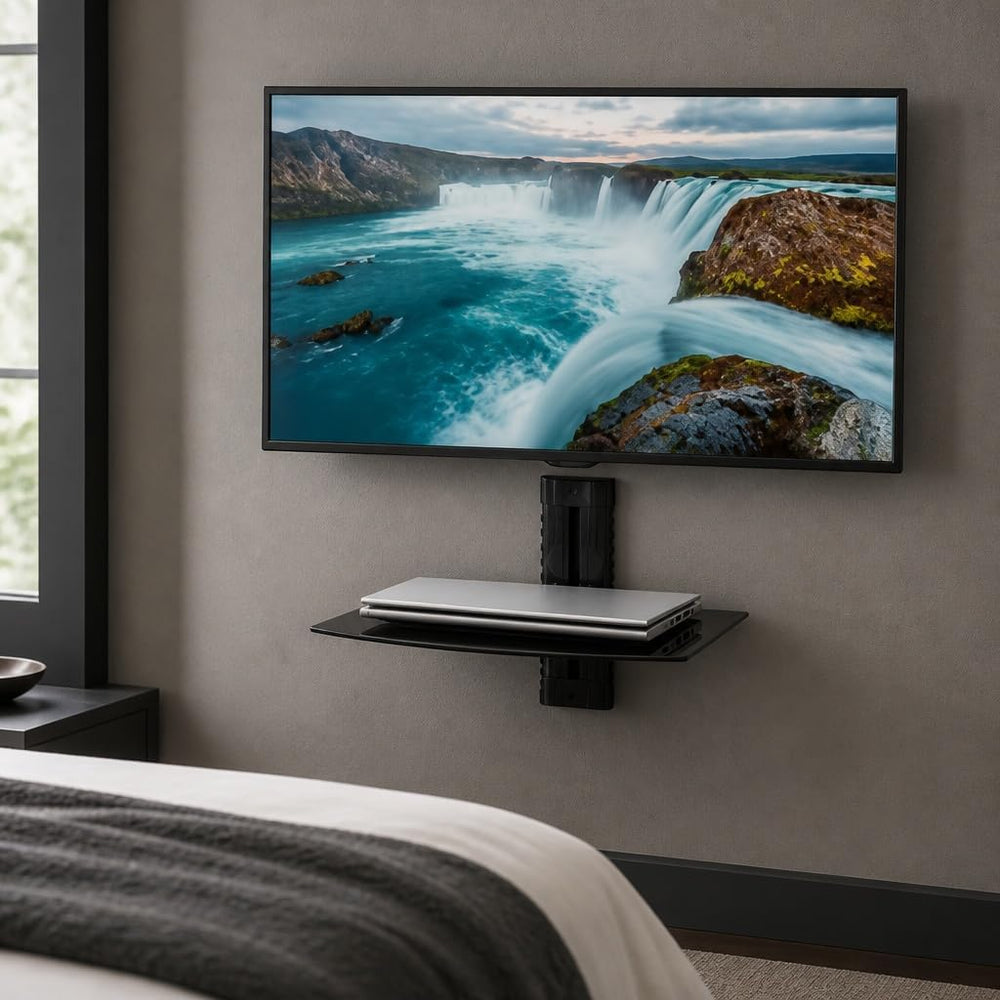 Mount-It! Floating TV Shelf, Tempered Glass, Aluminum Frame, Black