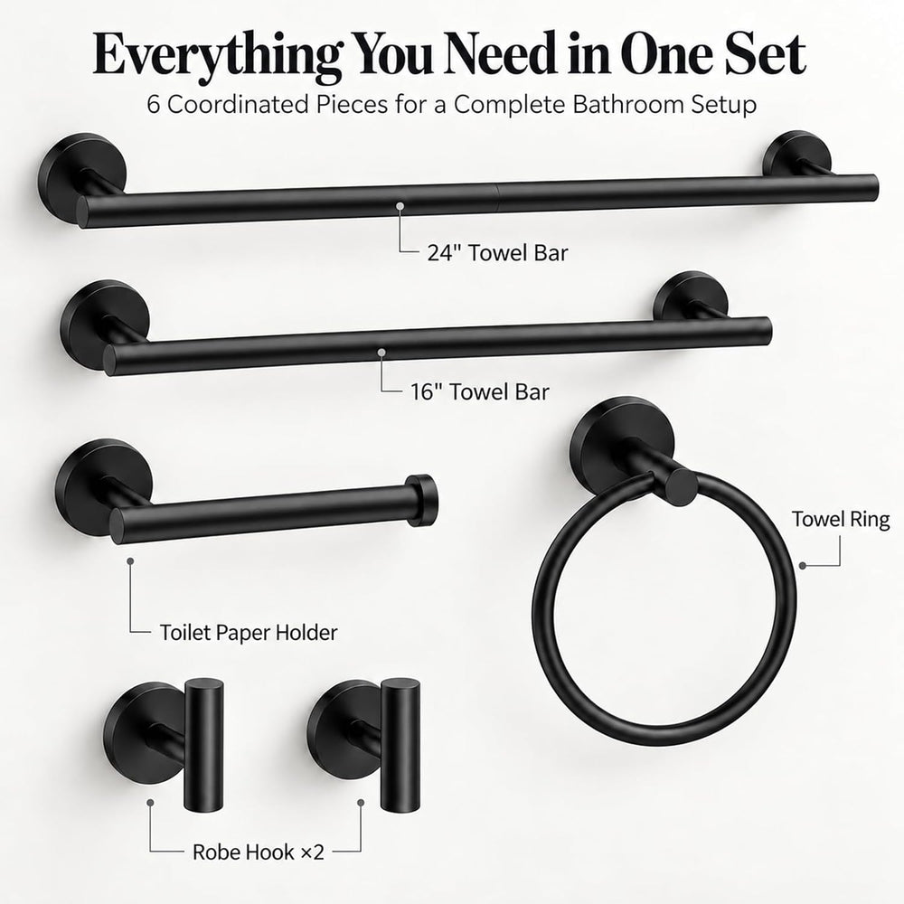 Bathroom Hardware Set, 6-Piece Matte Black 24 Inch Towel Bar, Wall Mounted