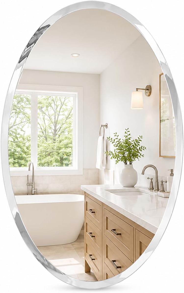 USHOWER Bathroom Mirror for Over Sink, 20x28 Inch Oval Frameless Mirror