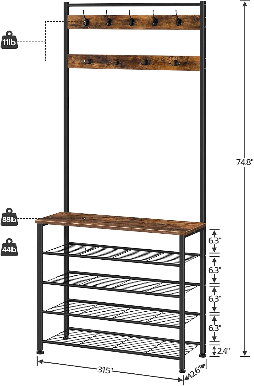 HOOBRO Hall Tree, Coat Rack with Shoe Rack, Hall Tree with Bench, 5 Tier Shoe...