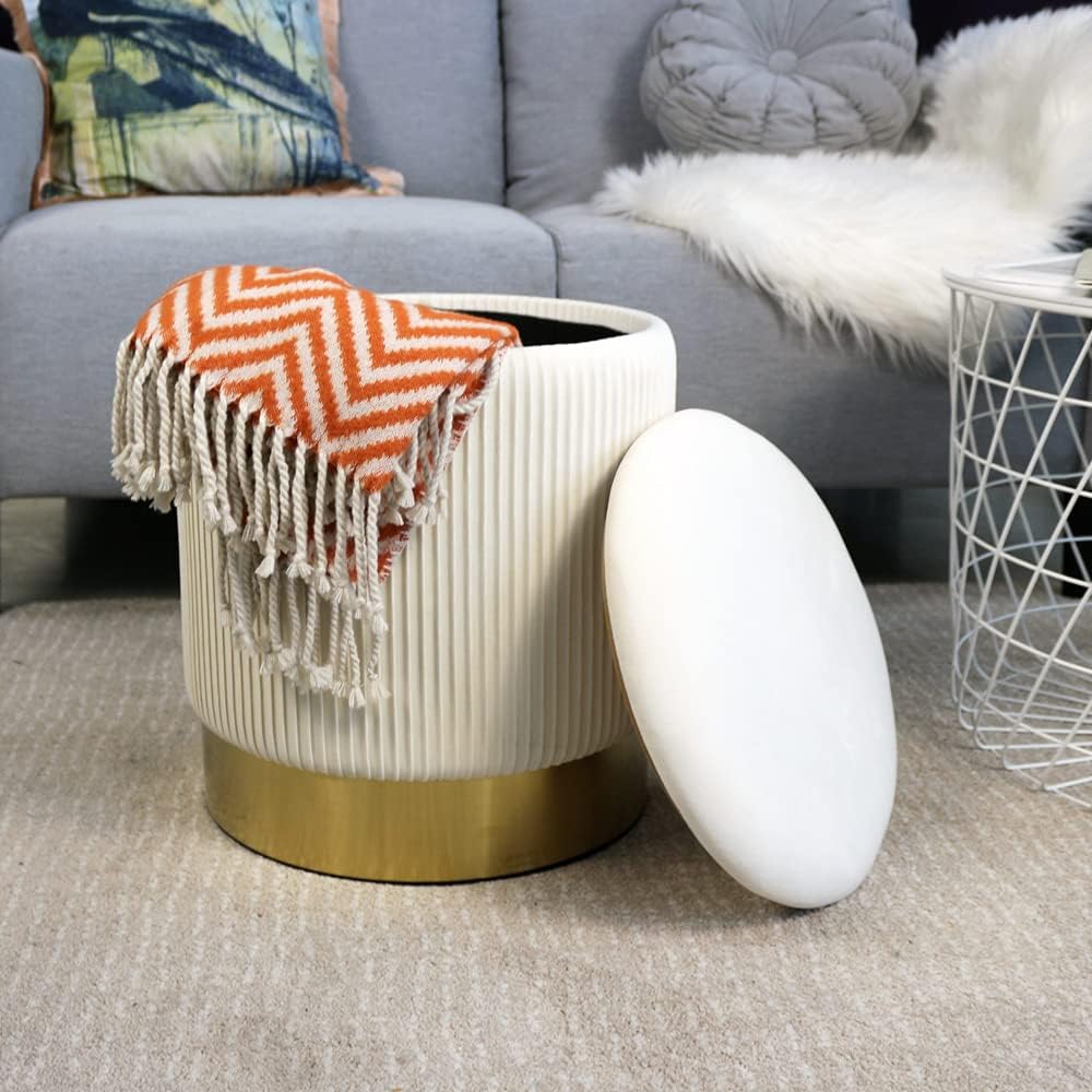 YYW HOME Round Ottoman with Storage Set of 2 White Vanity Stool Foot Rest