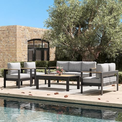LayinSun Outdoor Patio Furniture Aluminum Armchair, All-Weather Metal Chair w...