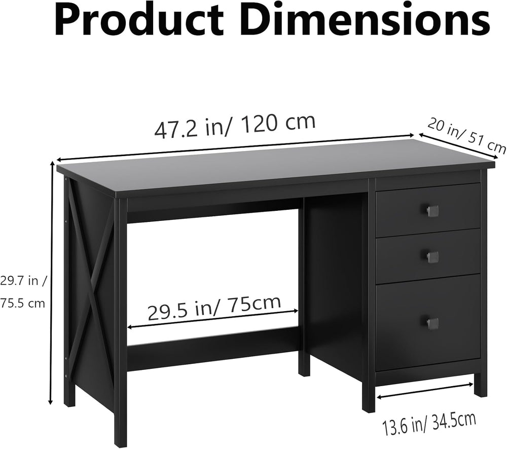 JSB 47.2 Inch Black Computer Desk with 3 Drawers for Home Office Bedroom