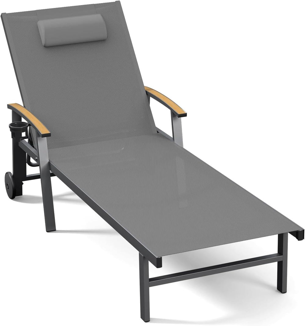 Ciokea Outdoor Lounge Chair with Pillow, 5-Position Aluminum Chaise Lounge wi...