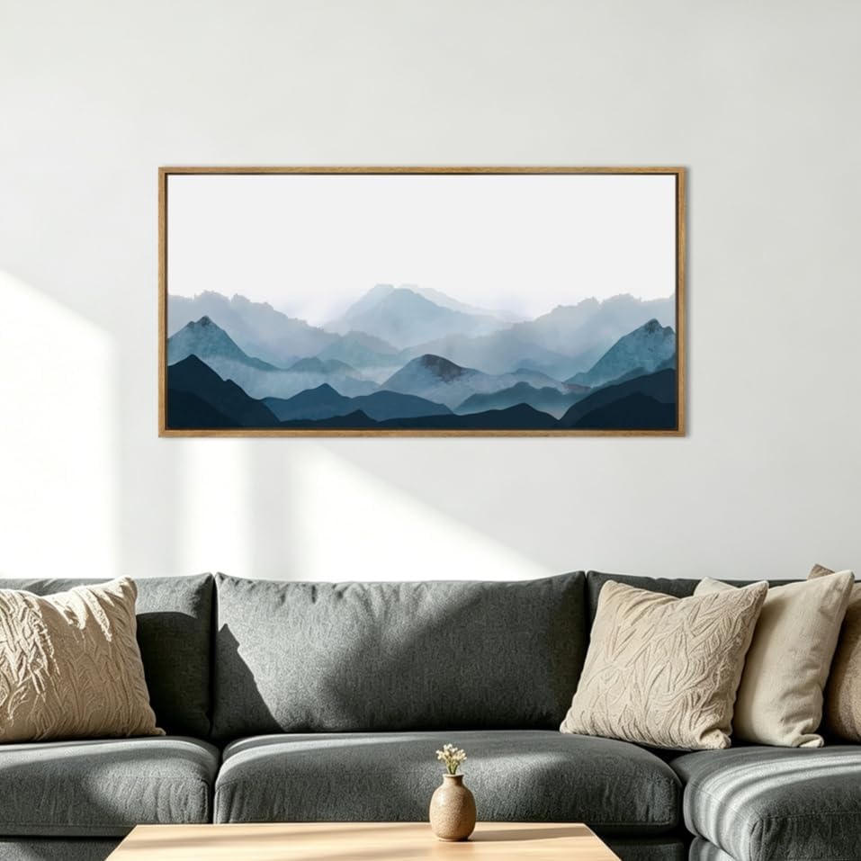 Blue Framed Mountain Landscape Wall Art Fog Mountain Painting Wall Decor for ...