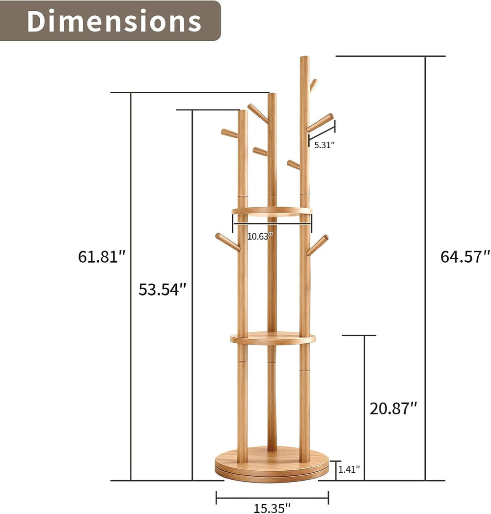 Solid Wood Rotary Coat Rack, Coat Rack Freestanding with 3 Storage Shelves &a...