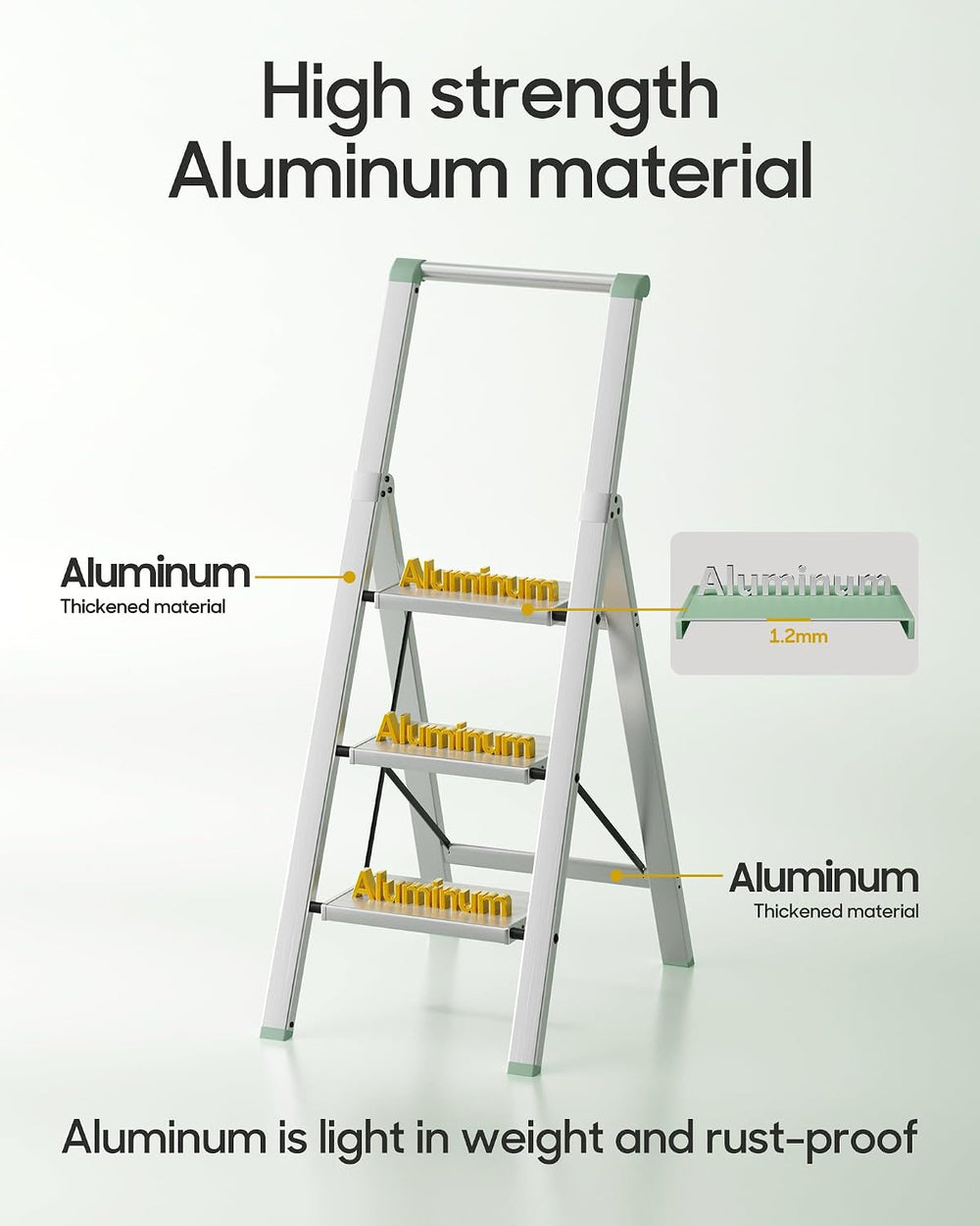 HillhutApex Aluminum 3 Step Ladder, Step Stool Foldable Ladder(Pale Green)