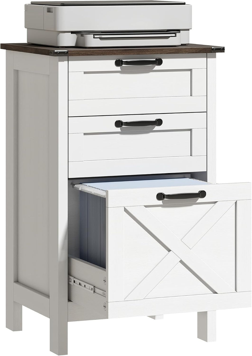 HOMCOM 3 Drawer File Cabinet Printer Stand Silent Slides Distressed White