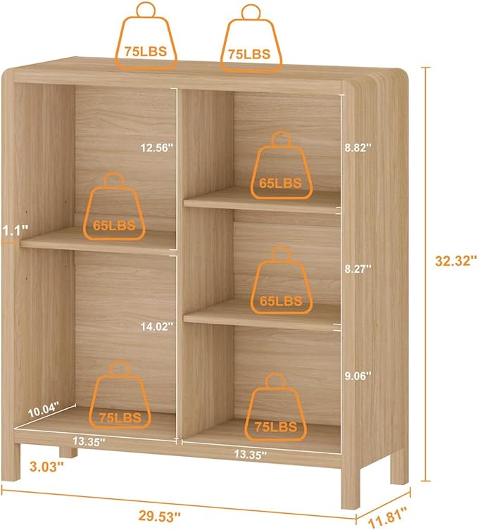 FATORRI 5 Cube Bookshelf, Wood Bookcase with 3 Adjustable Shelves, Modern Cube Storage Organizer Shelf for Home Office (Light Walnut)
