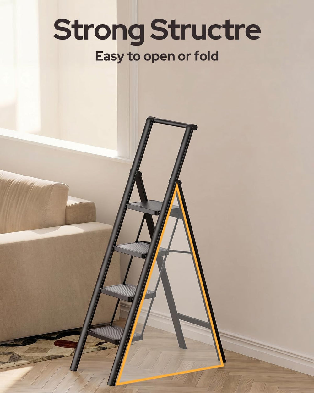 4 Step Ladder Folding Iron Step Stool Stepladders with Anti-Slip and Wide Ped...