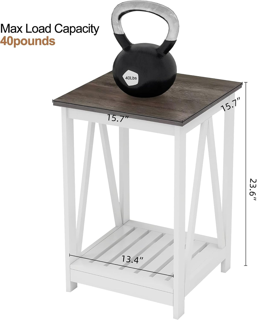 End Table, Farmhouse Square Side Table with Slat Shelf, 15.7" Dark Grey