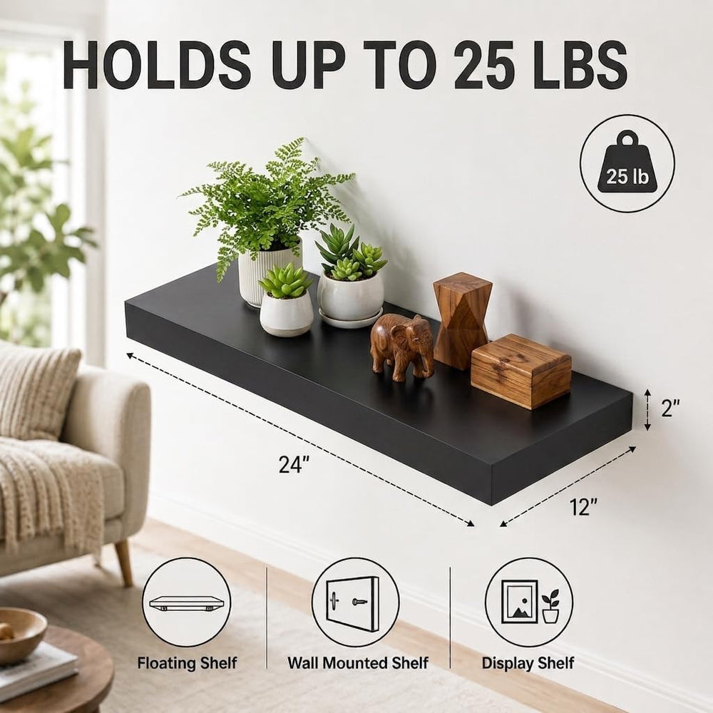 WELLAND 24" Black Floating Shelf for Wall, 12" Deep Bookshelf &...