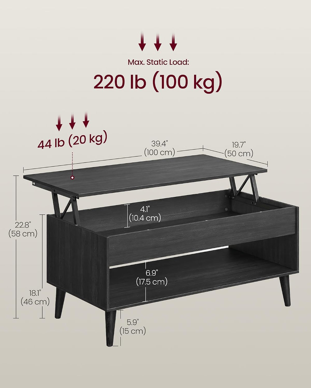 VASAGLE Lift Top Coffee Table with Hidden Storage, Gas Spring