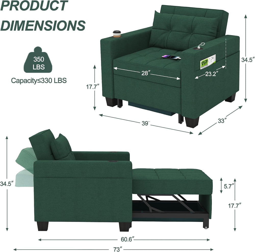 36" 3-in-1 Sleeper Chair, Convertible Pull Out Sofa Bed, Green Linen