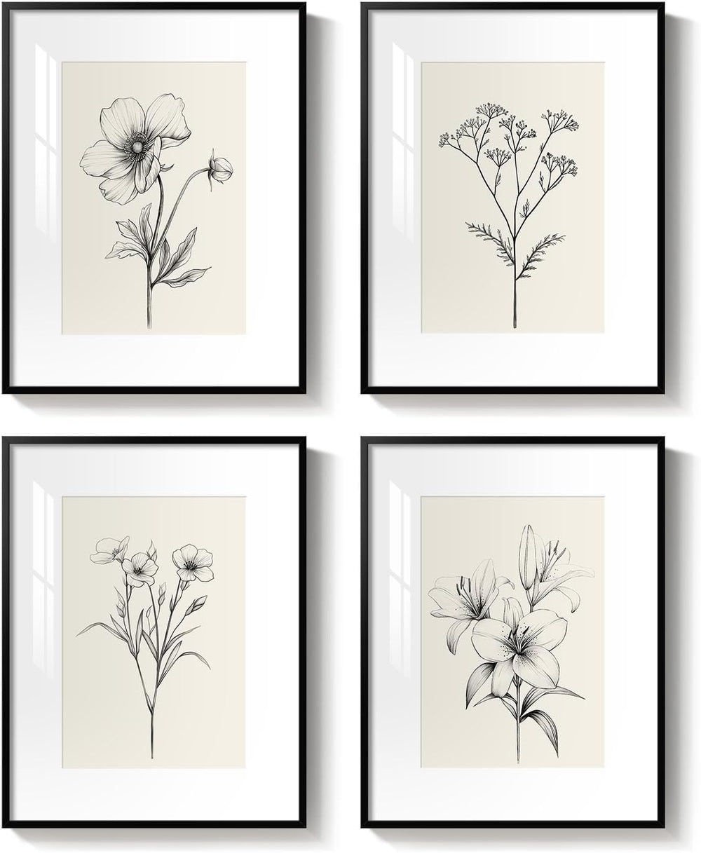 Framed Black and White Botanical Wall Art for Bathroom, 4 Piece 11x14 In